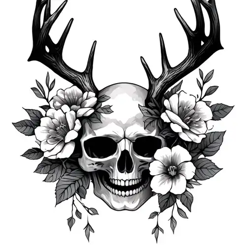 Skull Jaw Flowers And Antlers Intertwined