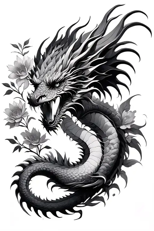 Dragon With Exotic Flowers Intertwined