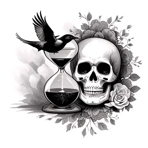 Hour Glass And Sugar Skull With Lace And Birds Flying