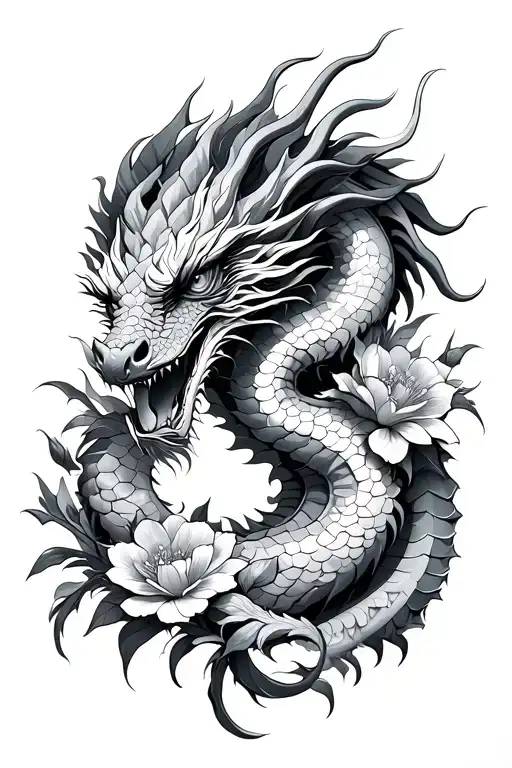 Dragon With Exotic Flowers Intertwined