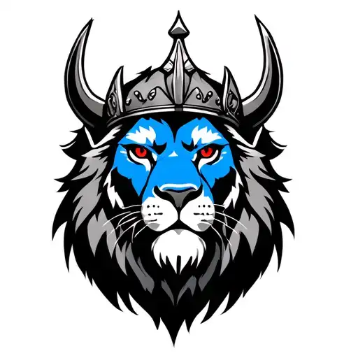 Real Lion All Blue With Red Eyes Wearing A Viking Crown