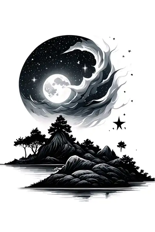 Landscape Moon Night Stars Lines Fantasy Fire