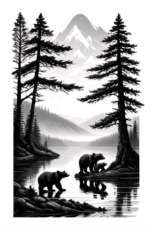 Trees Over A Lake With An Adult Bear And Two Baby Bears
