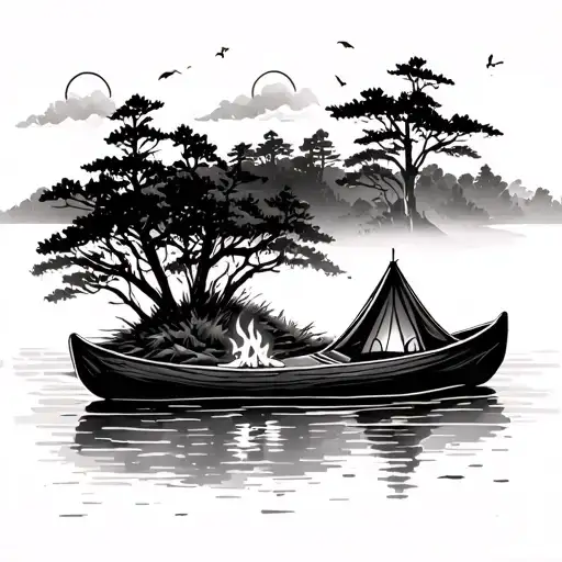 Canoe In Front Of Island With Tent And Fire On The Island Minimalist
