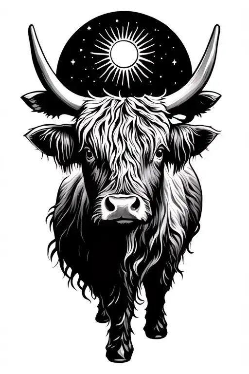 Highland Cow With Sun And Stars