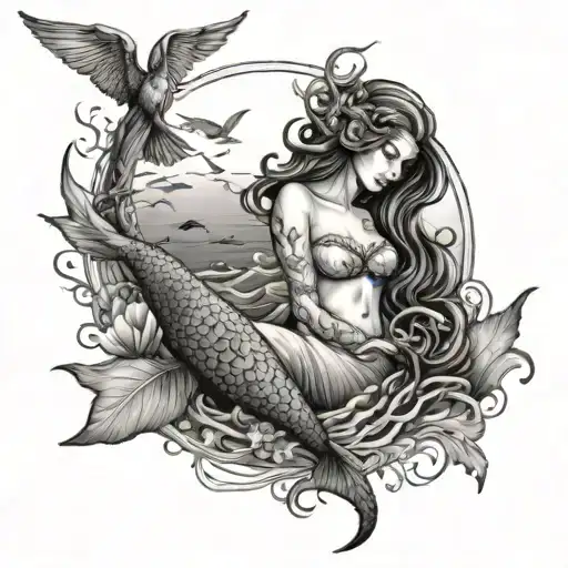 Seascape With Birds And Mermaid Sitting