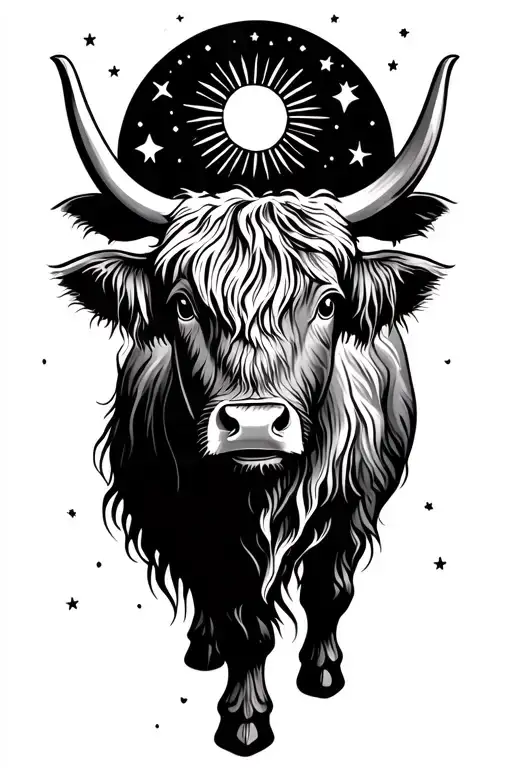 Highland Cow With Sun And Stars For Mom Tribute Tattoo Combining Elements