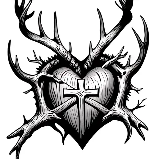 Gothic Deer Antler And Fishook Heart With Wood Grain Cross