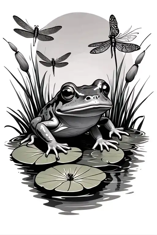 Frog On Lily Pad With Dragonflys And Cattails