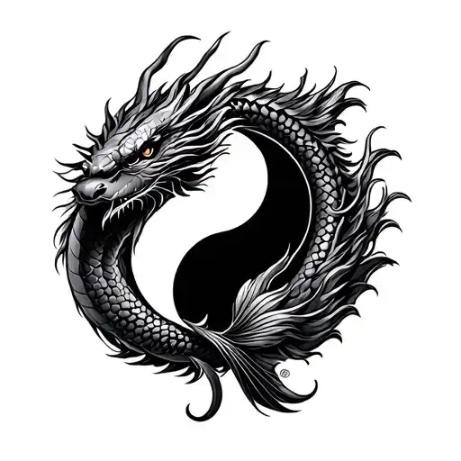 Tattoo Sketch Circle Yin Yang China Dragon And Fish Zodiac Sign