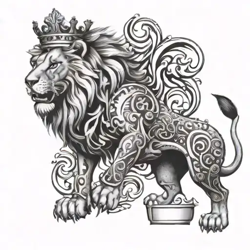A Full-length Lion With A King's Head Under Its Paw And A Crown In Its Teeth