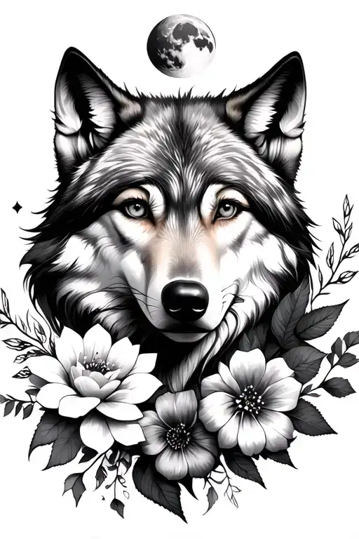 Wolf And Flowers And Moon And Girls Face
