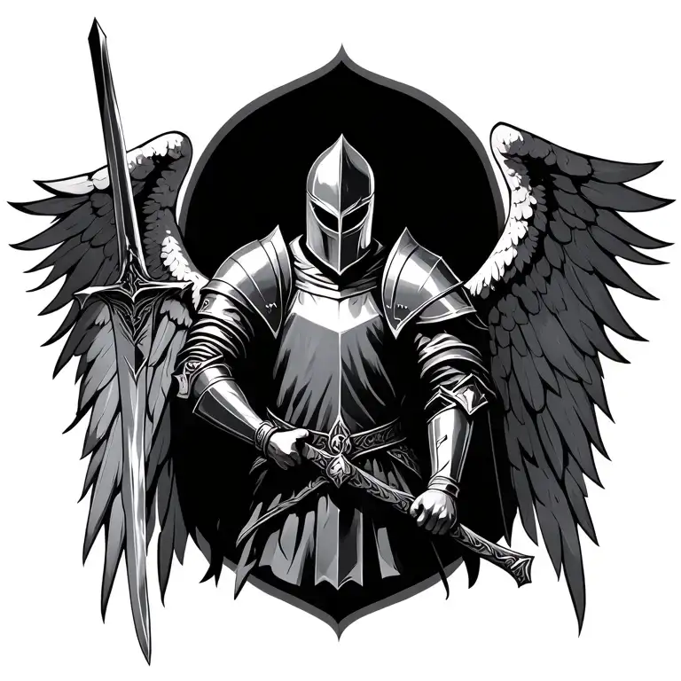 Full Body Knight Holding Sword With Wings Spread Wide