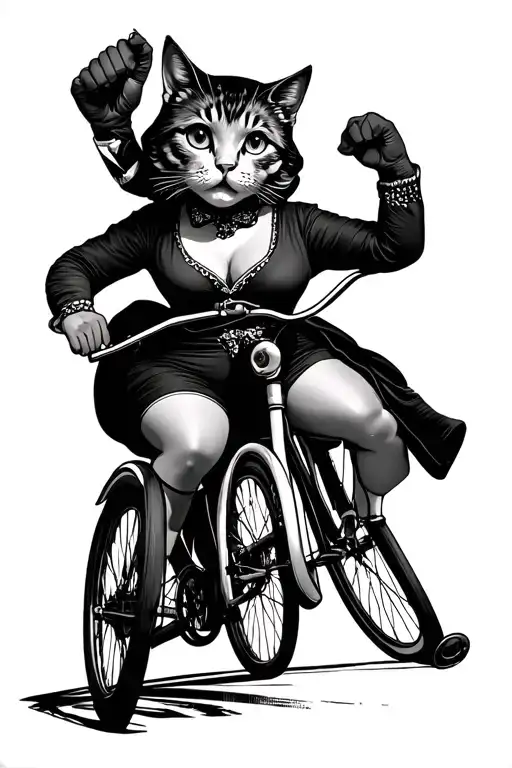 Suffragette In Bloomers With A Cat Head Riding A 1920'S Bike With One Fist Raised Defiantly Tattoo