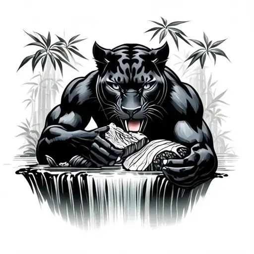 Black Panther Eating Meat Surrounded By Bamboo And In Front Of A Waterfall