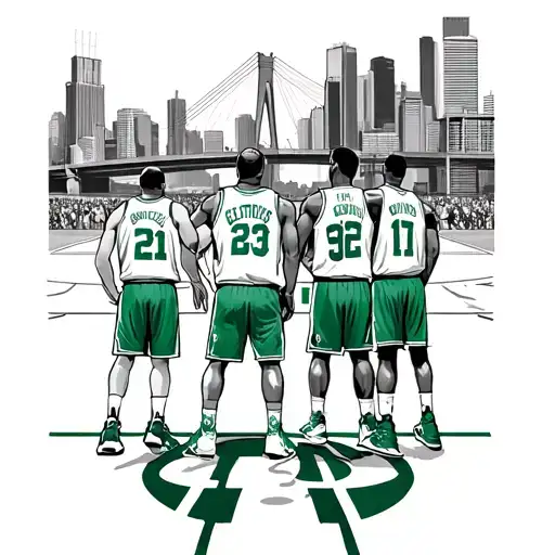 Boston Celtics Players On City Basketball Court Looking At Td Garden And Zakim Bridge In Background