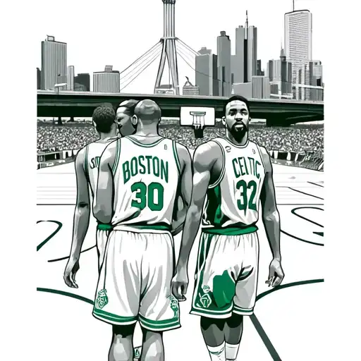 Boston Celtics Players On City Basketball Court Looking At Td Garden And Zakim Bridge In Background