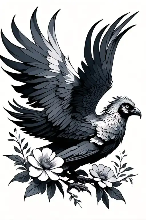 Phoenix Bird Flying And Flowers