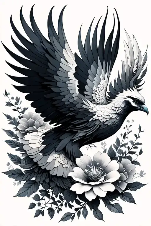 Feminine Phoenix Bird Flying And Flowers