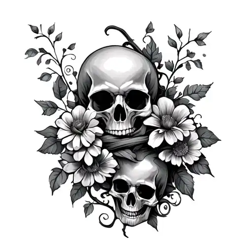 A Vine Wrapped Around Arm With Flowers And Skulls
