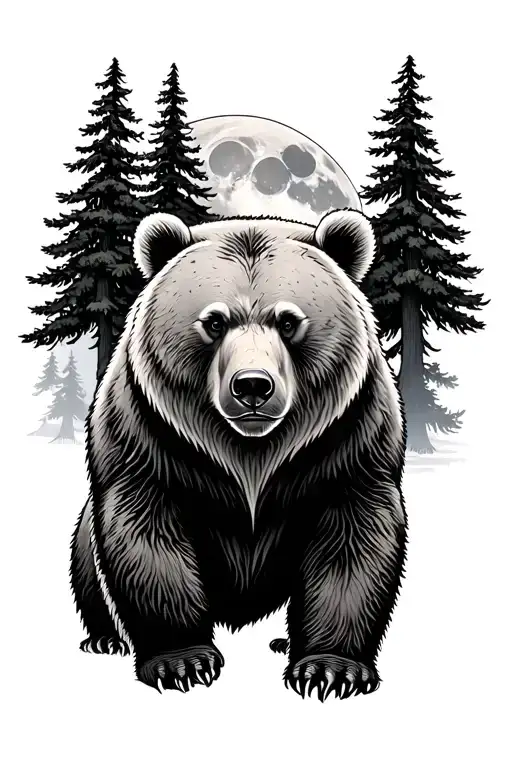 Bear With 5 Pine Trees And A Full Moon