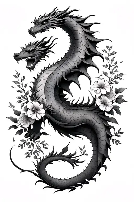 Dragon On Lower Arm And Flowers And Vines To Fill Space