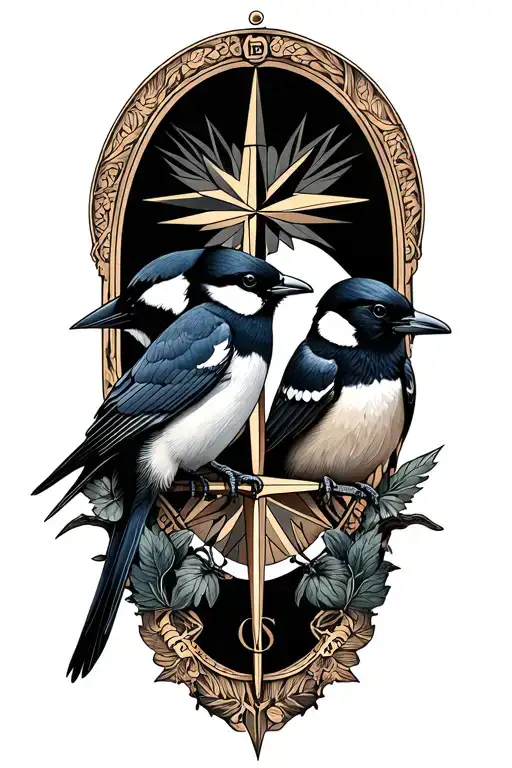 Two Magpies And Compass Surrounded