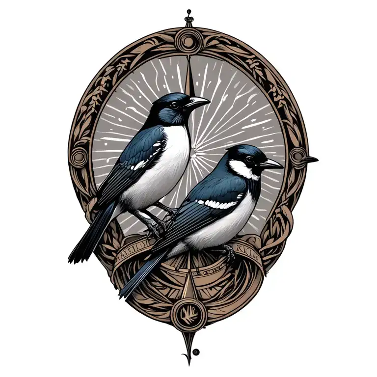 Two Magpies And Compass Surrounded