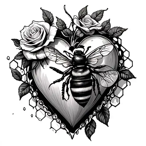 Honey Comb Surrounding Heart With Bee And Two Roses