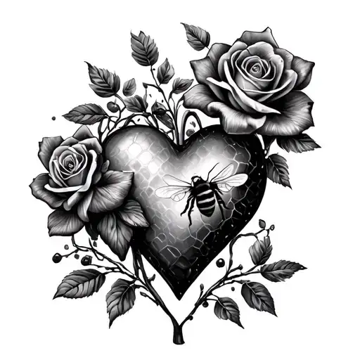 Forearm Sleeve Honey Comb Surrounding Heart With Bee And Two Roses