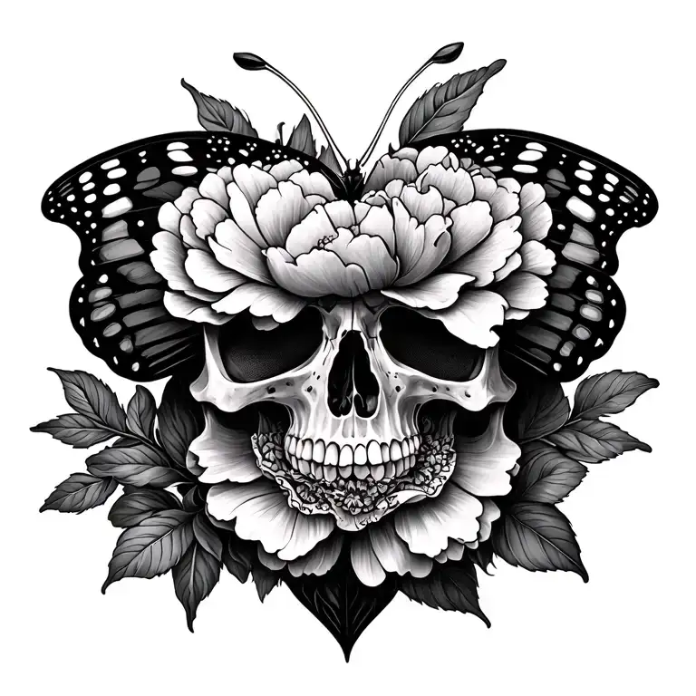 Butterfly Skull Hearts Peonies Flower