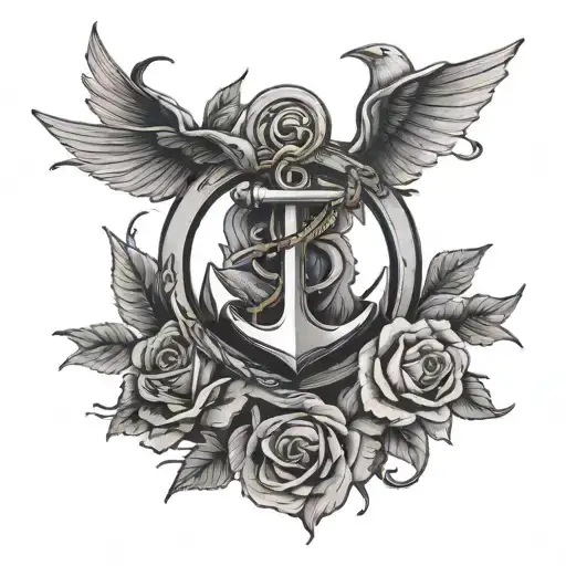 Anchor With Swallows And A Black Rose Intertwined