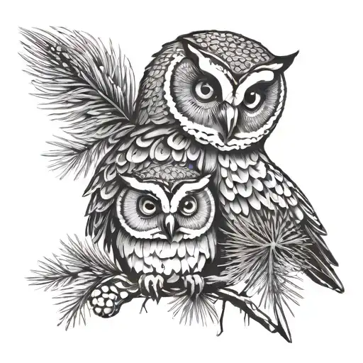 Owl And Owlet Twig Of Pine Needles With Cones