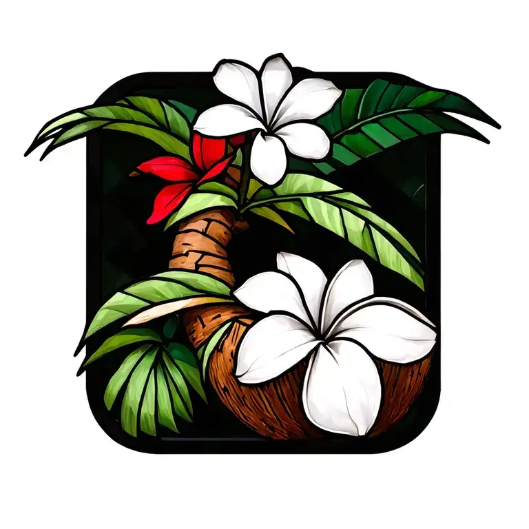 Create A Stained Glass Tattoo With A Red Frangipani And Coconut Palm Tree
