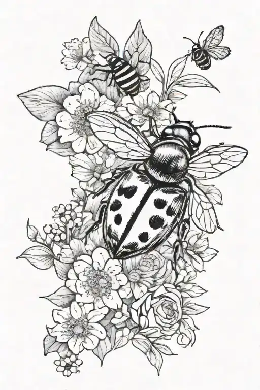 1 Ladybug And 1 Bumble Bee With Flowers