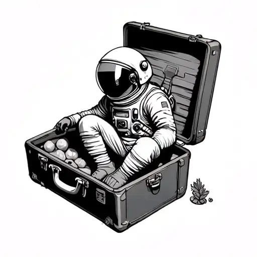 Please Design A Tattoo Featuring An Astronaut Sitting Inside An Open Vintage Suitcase