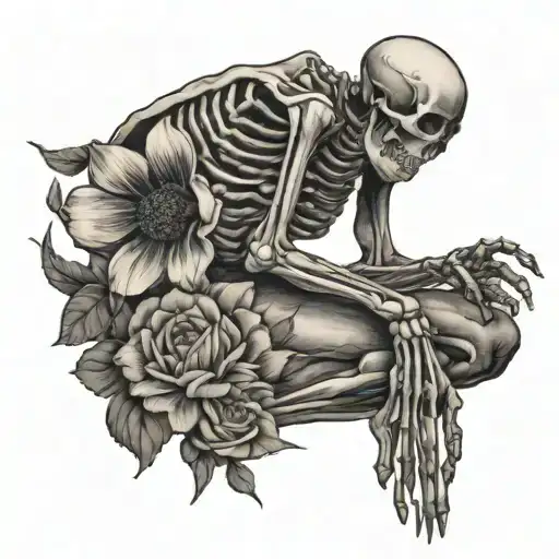 Skeleton Kneeling Holding A Flower In Front Of A Woman