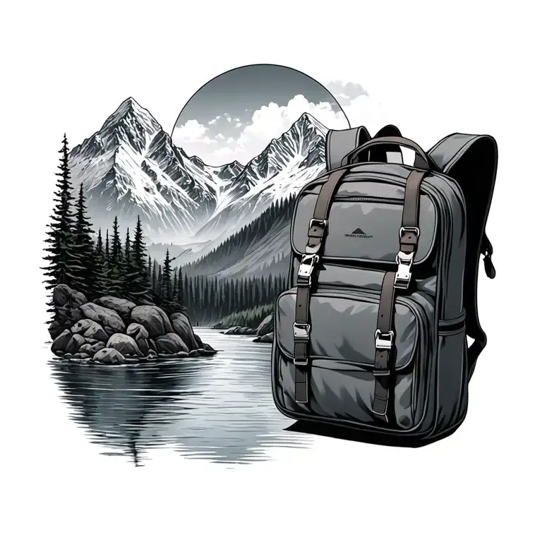 River Mountain Tattoo Featuring Backpack