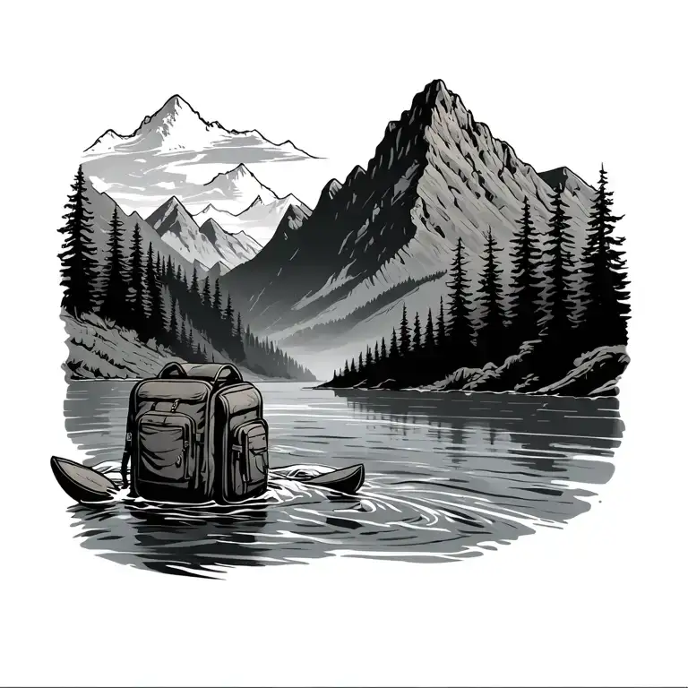 River Mountain Tattoo Featuring Backpack Floating In River