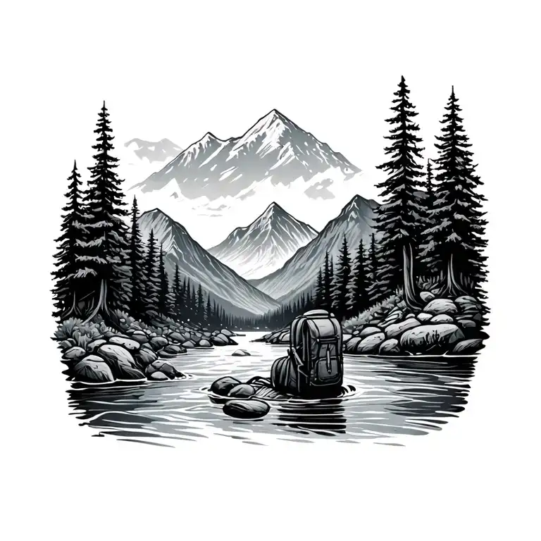 Mountain Tattoo Featuring River And Backpack Floating In River
