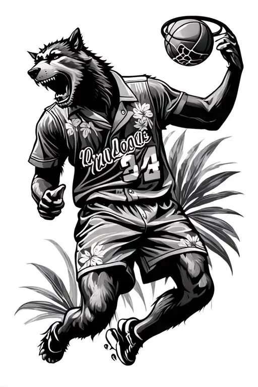 Werewolf In Hawaiian Shirt Slam Dunking Basketball