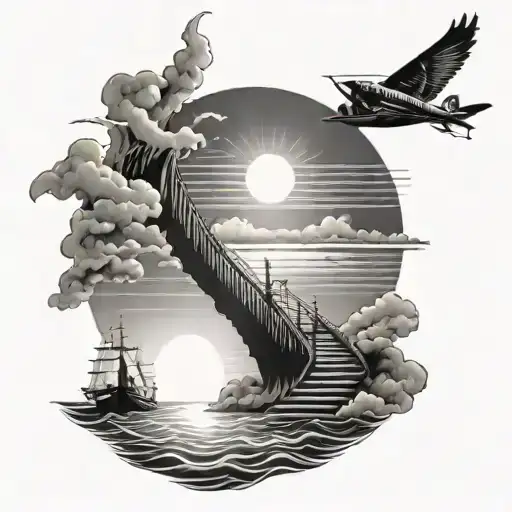 Stairway To Bright Sun With Sun Rays Beaming Down Onto The Ocean With A Boat In The Distance