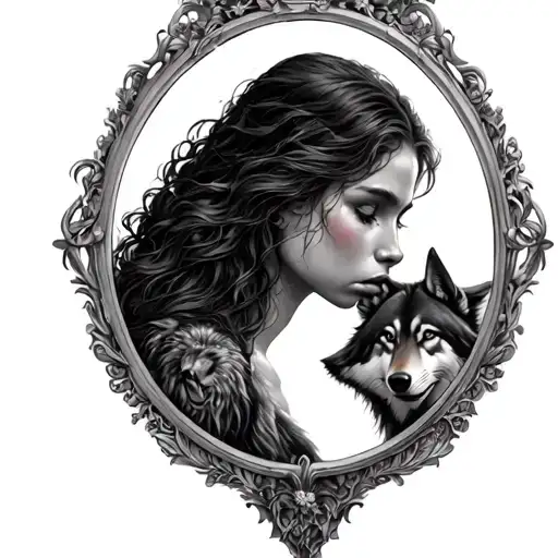 Broken And Wounded Woman Looking In Mirror And A Wolf Reflects Back