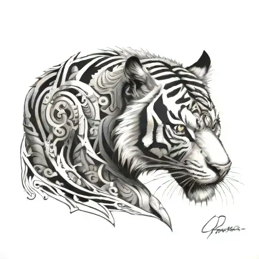 Biomechanical Polynesian Tiger Tattoo Calf Colored