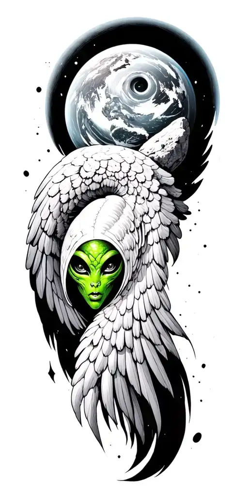Wing Spread World 2 Rocks A Spiral Black Hole Alien Beings Green Face