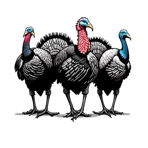 Three Walking Wild Turkeys Side By Side