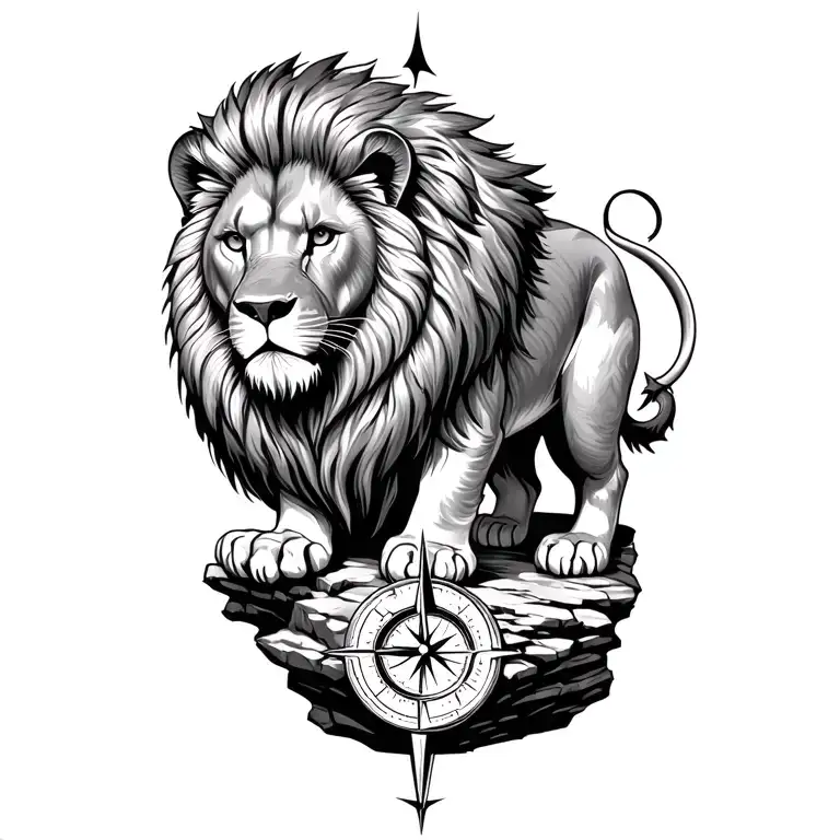 Super Realistic Lion Standing On A Rock Etch A Compass Into The Rock