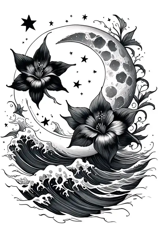 Moon Flower Stars Waves Crashing