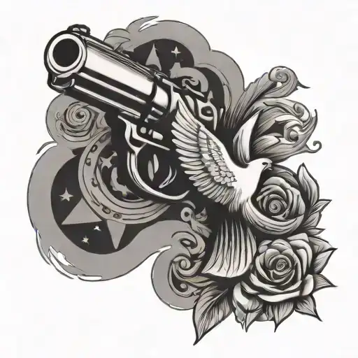 Revolver Shooting Smoke With A Dove Flying And Praying Hands With Some Stars