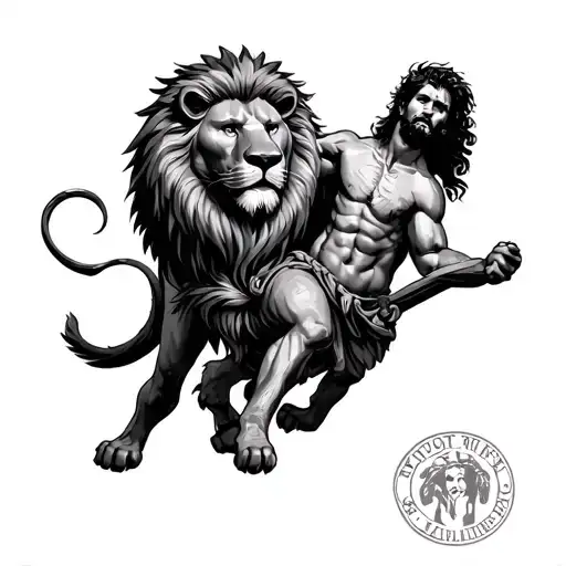 David And Goliath With Lion Surrounded